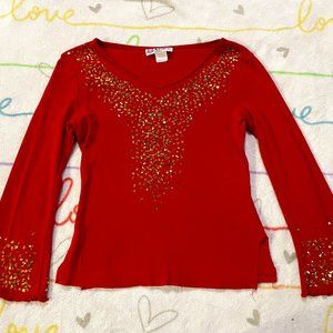 Red Gold Sequins Trumpet Bell Long Sleeve Blouse Top Shirt Womans sz Medium